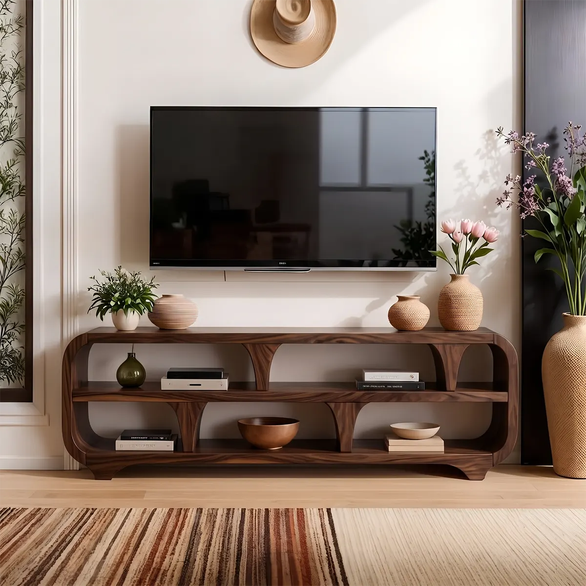 Modern Open Shelf TV Stand with Sculptural Curved Design | Organic Media Console TT006-6RPU8SU
