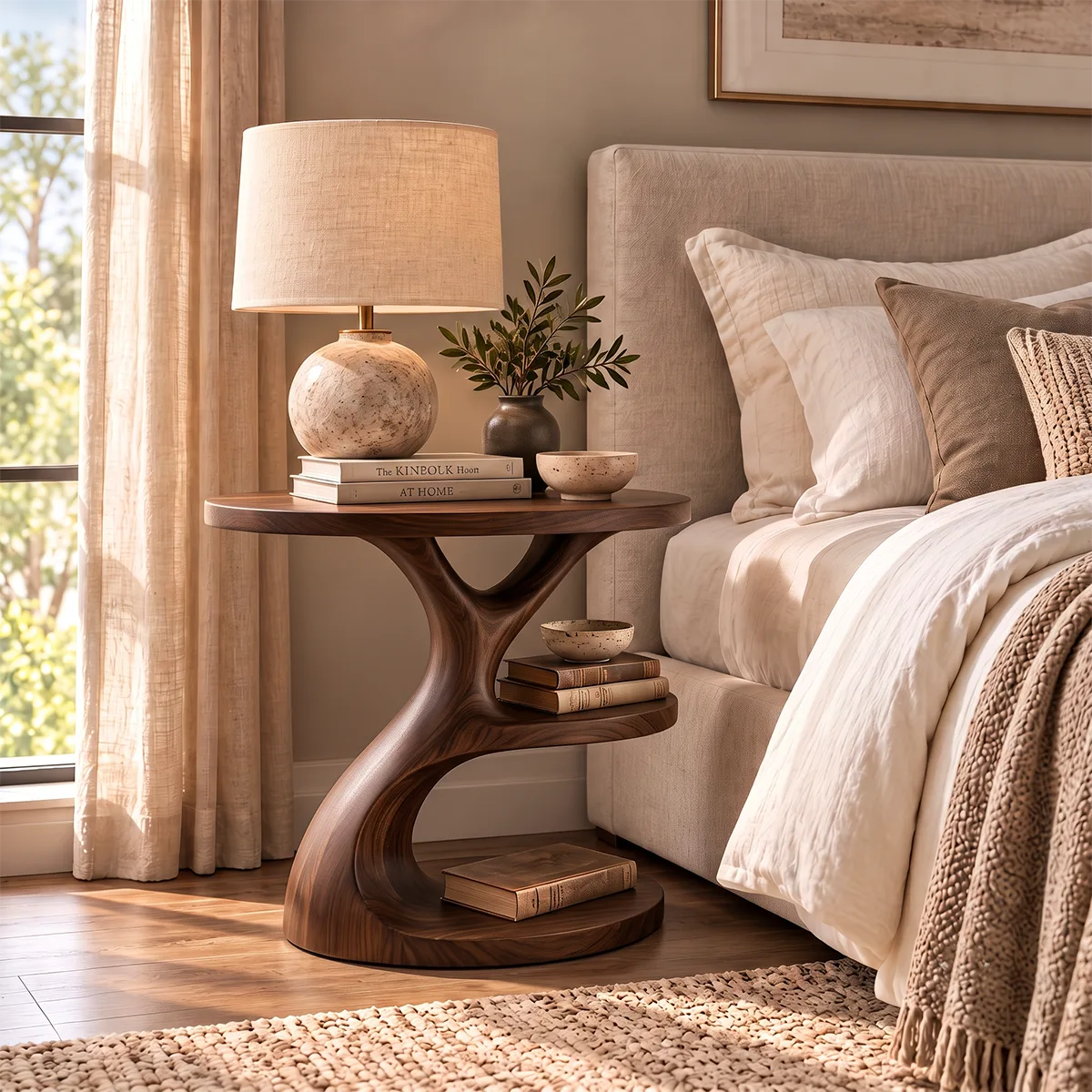 Sculptural Round Nightstand with Open Shelves | Organic Modern Bedside Table HG021-8JBT7TE