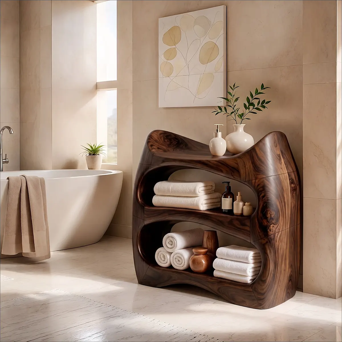 Sculptural Bathroom Vanity with Open Shelves | Freestanding Curved Vanity TT006-5ZSC4PA