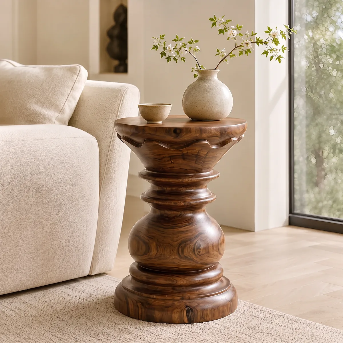 Sculptural Crown Pedestal Wood End Table | Round Carved Side Table TT006-9TFS8ZN