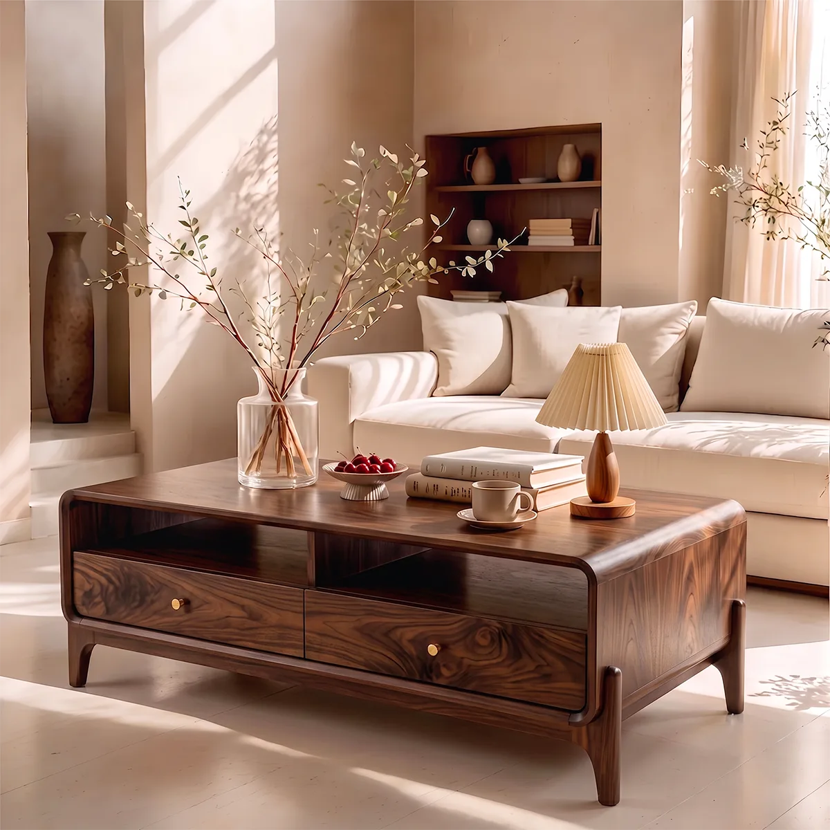 Wood Coffee Table with 2 Drawers & Open Shelves | Mid Century Modern Rectangular Living Room Table HG021-8XOV9MG