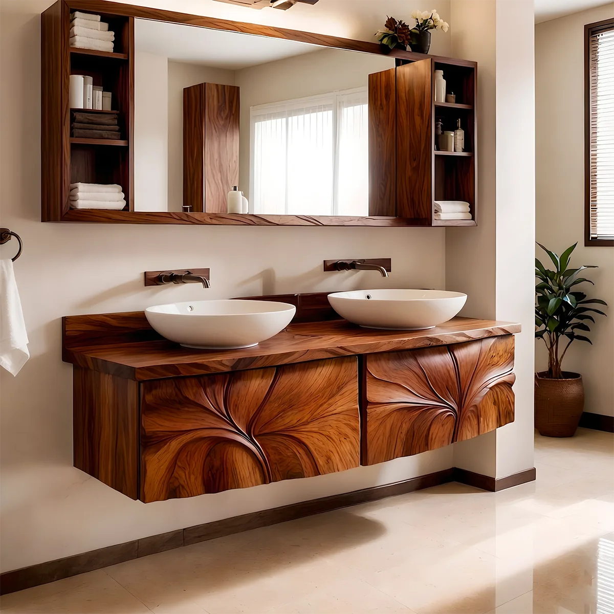 Modern Floating Bathroom Vanity with Sculptural Floral Carved Doors HG021-1209