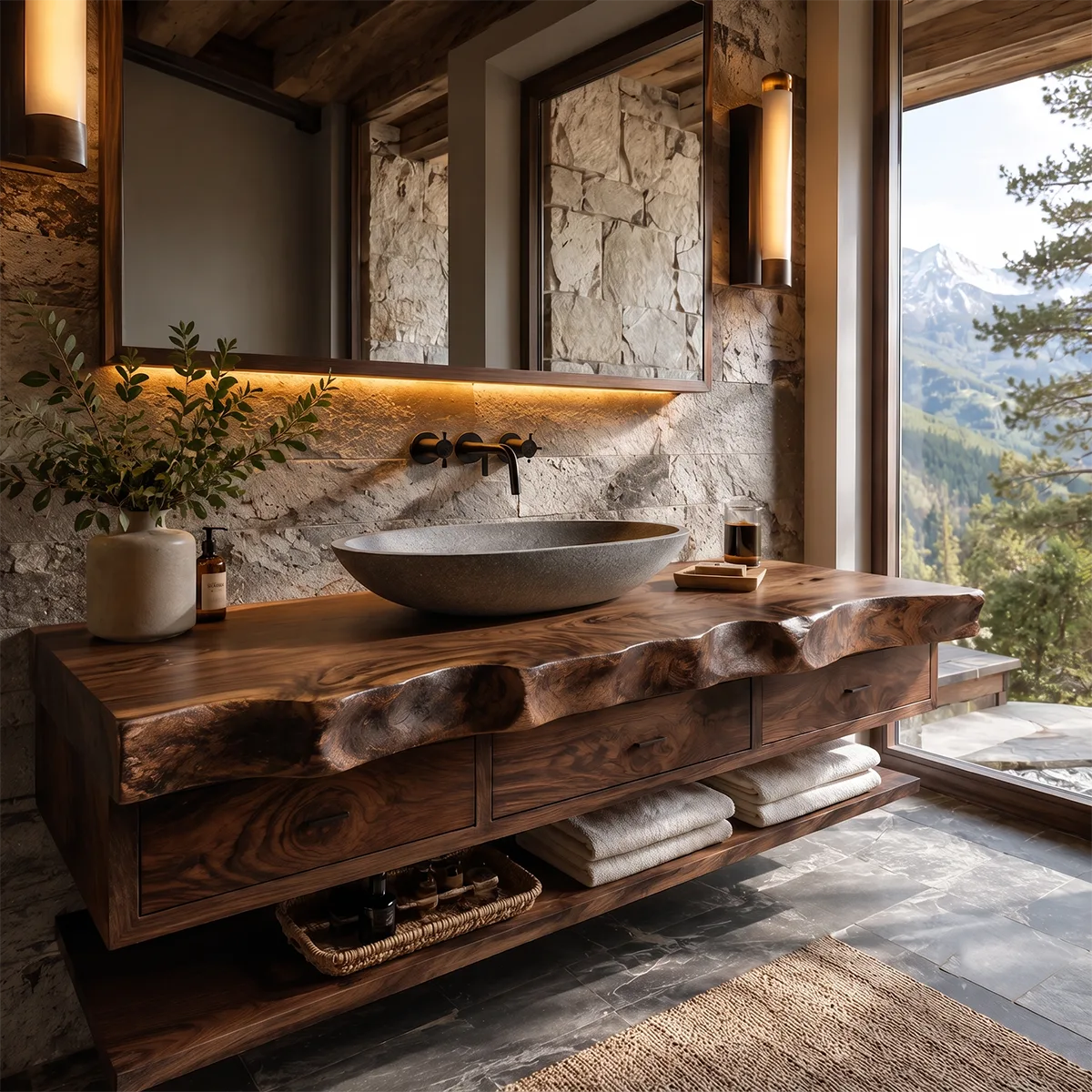 Floating Bathroom Vanity with 3 Drawers & Lower Shelf | Organic Edge Modern Vanity TT006-3IEZ4XF