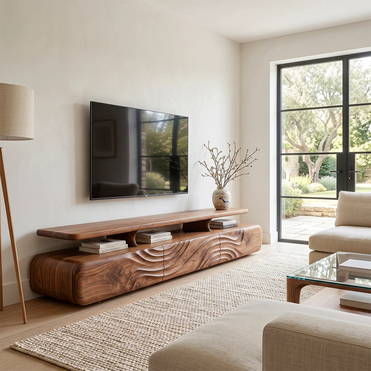 Modern TV Stand with Wave Front Doors | Contemporary Media Console with Open Display Shelf HG021-2DTK5LB