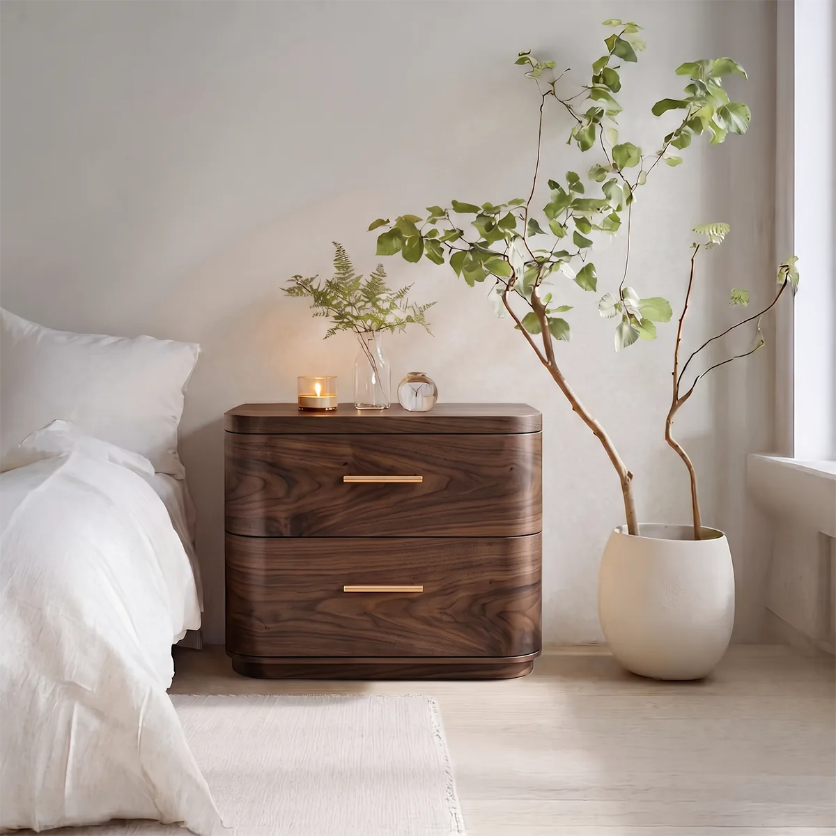 Modern Rounded 2-Drawer Nightstand | Curved Bedside Table with Metal Bar Handles HG021-1SFU3IV