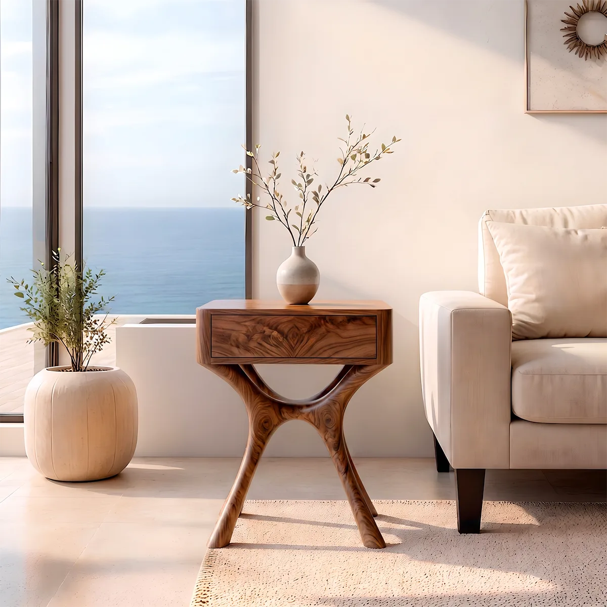 Modern Sculptural End Table with Drawer | Curved Accent Side Table for Living Room & Bedroom HG021-9NSN3GY