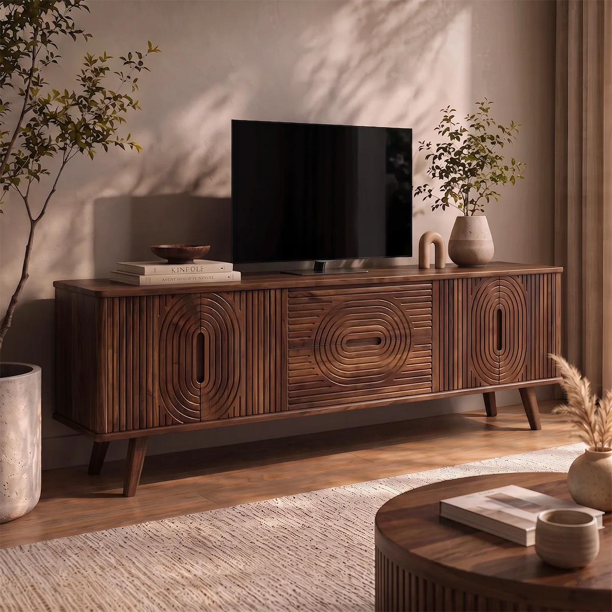 Geometric Fluted Wood TV Stand with Drawers & Cabinets | Mid-Century Media Console HG021-7RAV5YV
