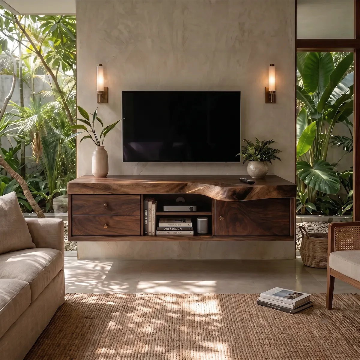 Modern TV Stand with 2 Drawers, Open Shelf & Cabinet | Natural Organic Media Console TT006-3ZLT6YV