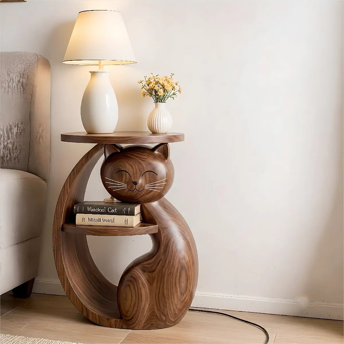 Whimsical Solid Wood Cat Side Table for Living Rooms & Cat Lovers HG021-4574