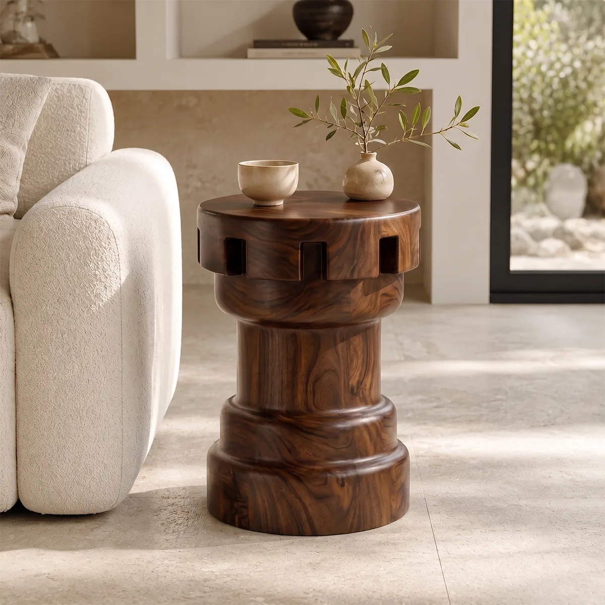 Sculptural Notched Wood End Table | Round Tiered Pedestal Side Table TT006-9MJB5ED