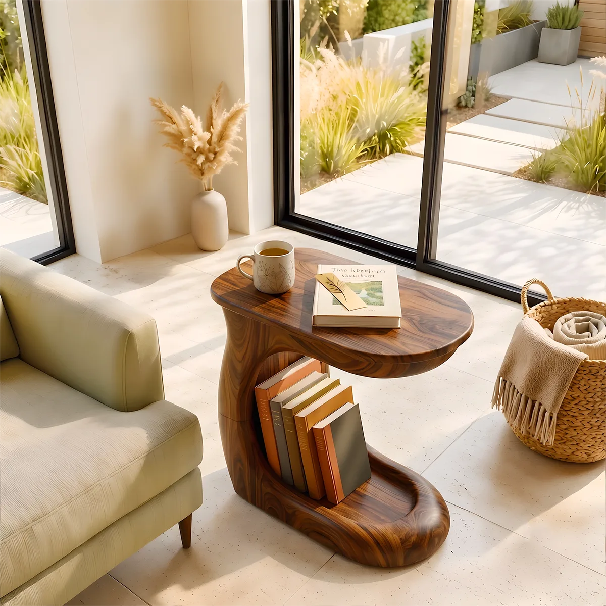 Modern C-Shaped End Table with Book Storage | Sculptural Sofa Side Table for Living Room HG021-7EFE3WW