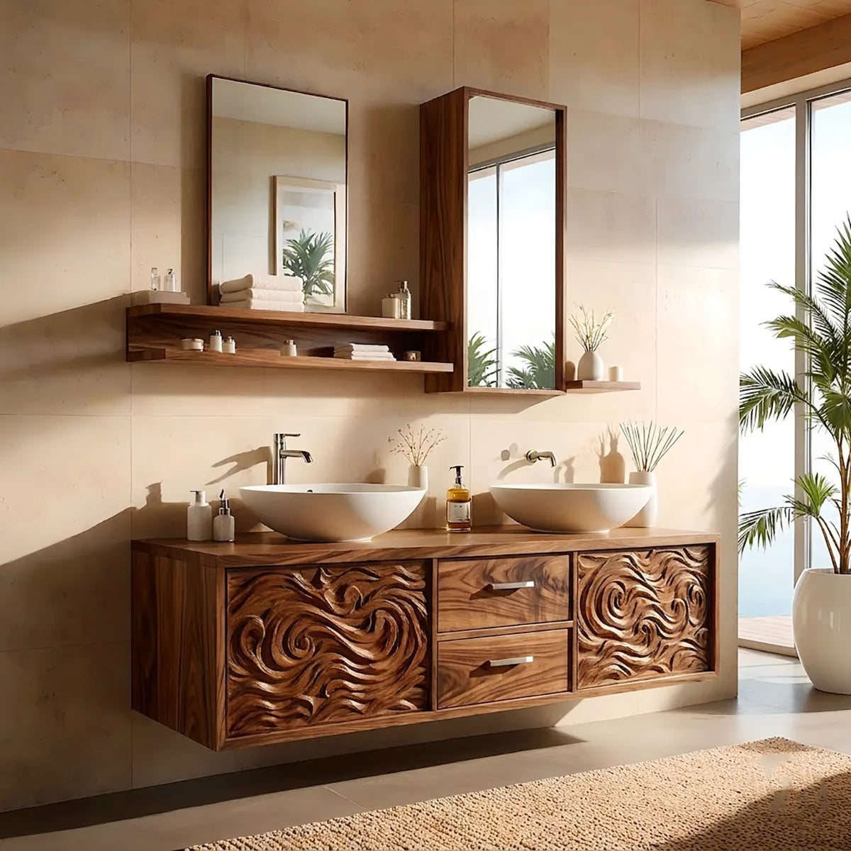 Double Sink Floating Bathroom Vanity | Luxury Carved Bathroom Cabinet HG021-2771