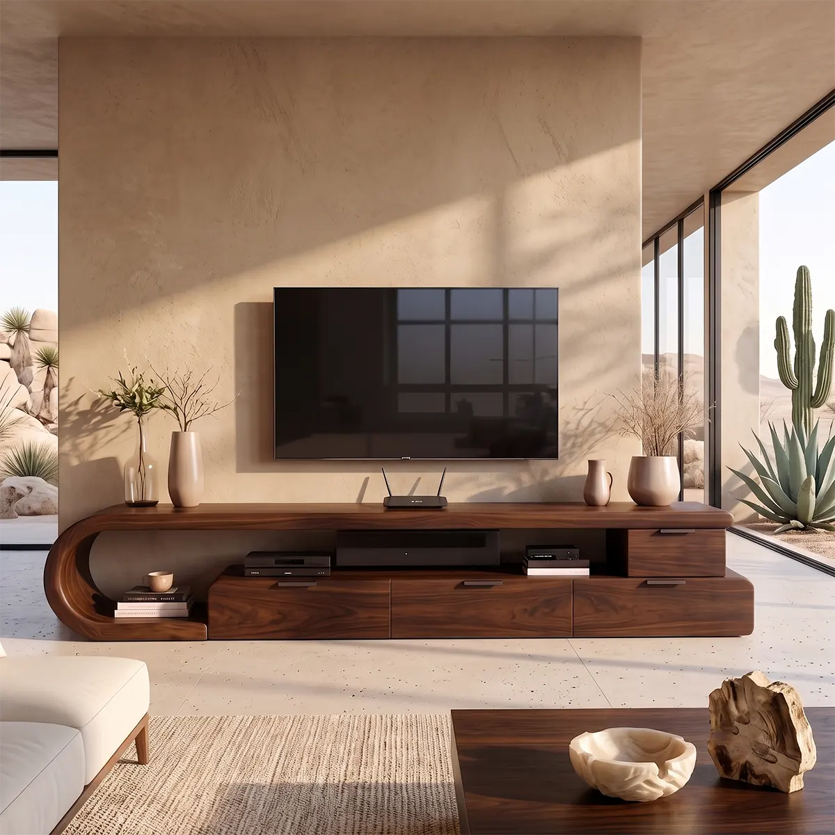 Sculptural Curved TV Stand with 4 Drawers & Open Media Storage | Modern Low Profile Entertainment Console TT006-1HJE1KP