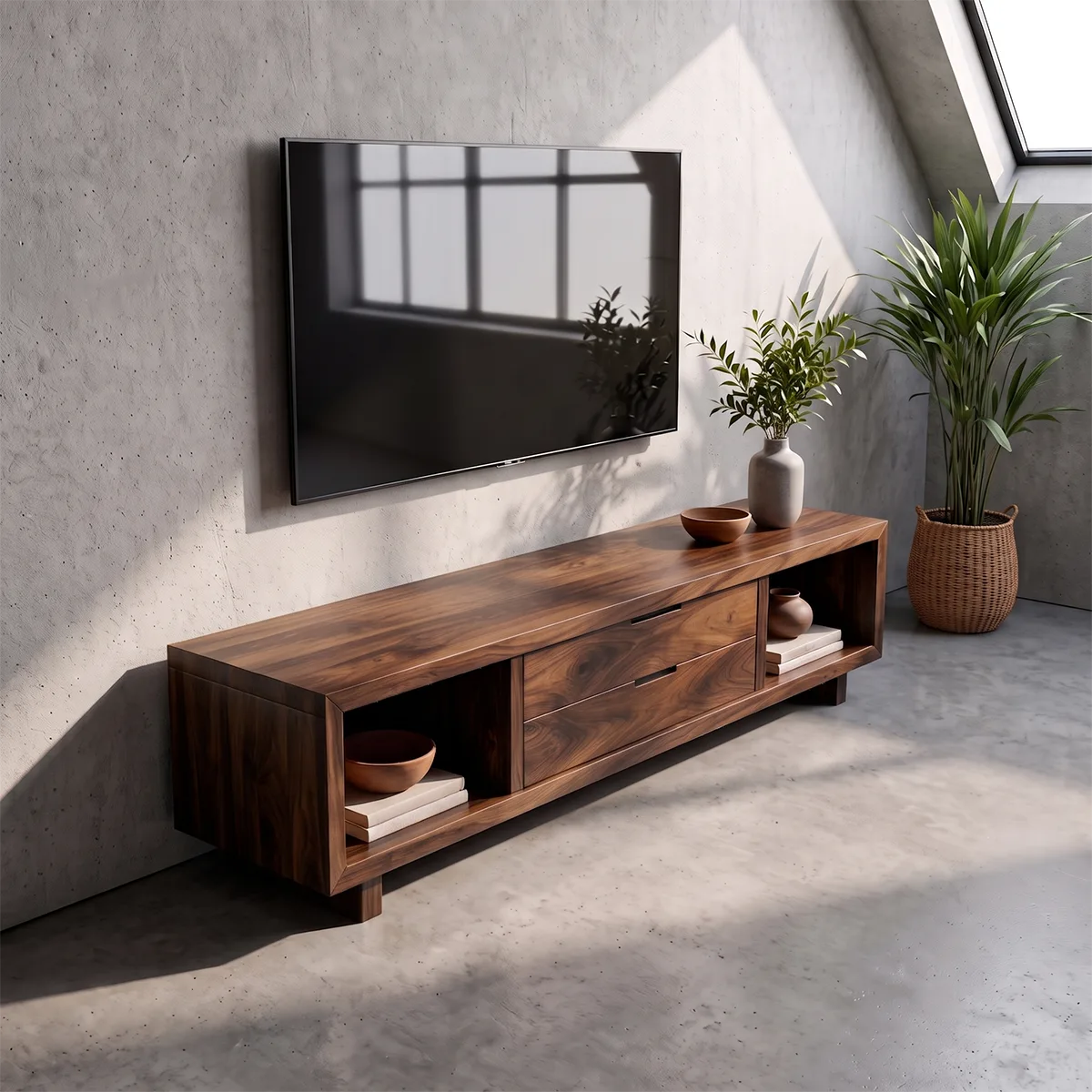 Modern TV Stand with 2 Drawers & 2 Open Storage Compartments | Low Profile Media Console TT006-9TIA4NA