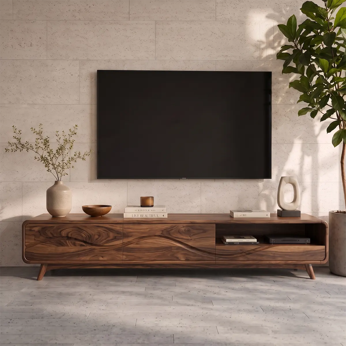 Modern TV Stand with 2 Enclosed Cabinets & Open Storage | Sculpted Wave Media Console TT006-9ORW3JY