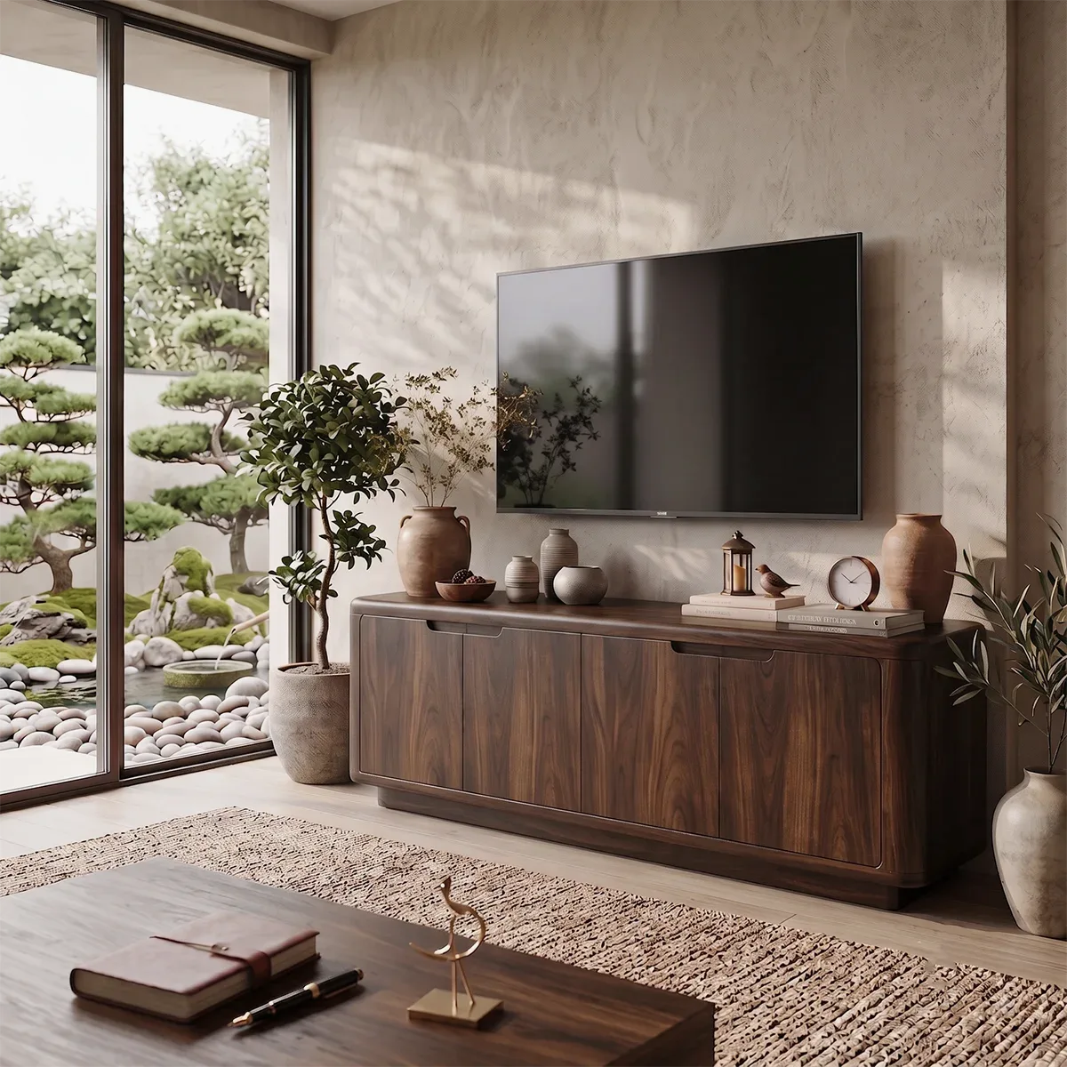 Rounded Wood TV Stand with 4 Doors | Modern Media Console HG021-4STO9LS