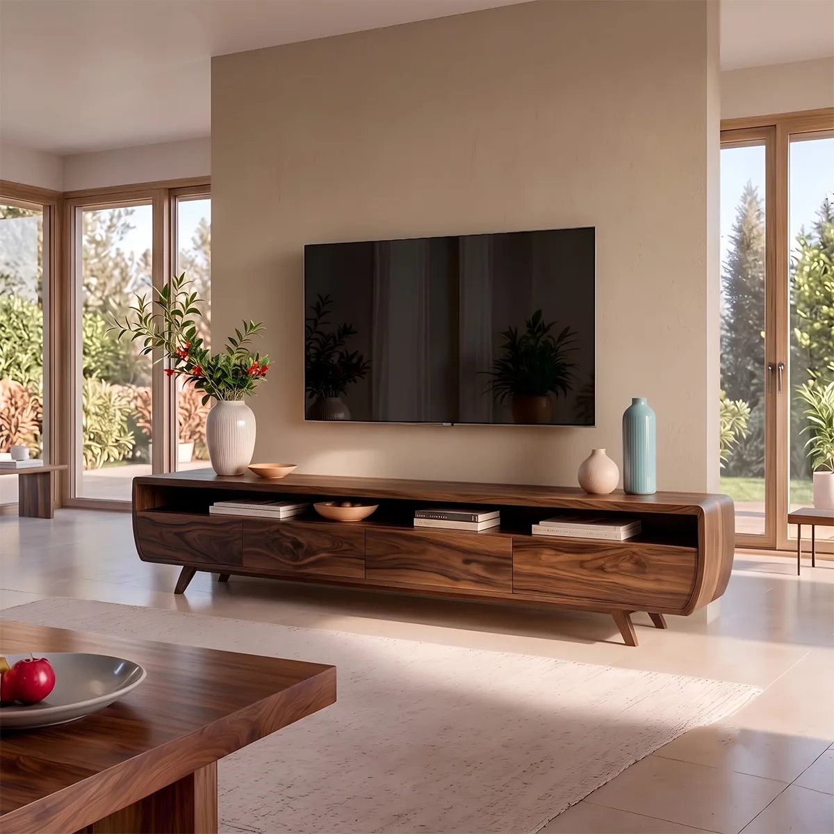 Modern Curved TV Stand with 4 Enclosed Storage Compartments & Open Media Shelf TT006-3ZIP1NK