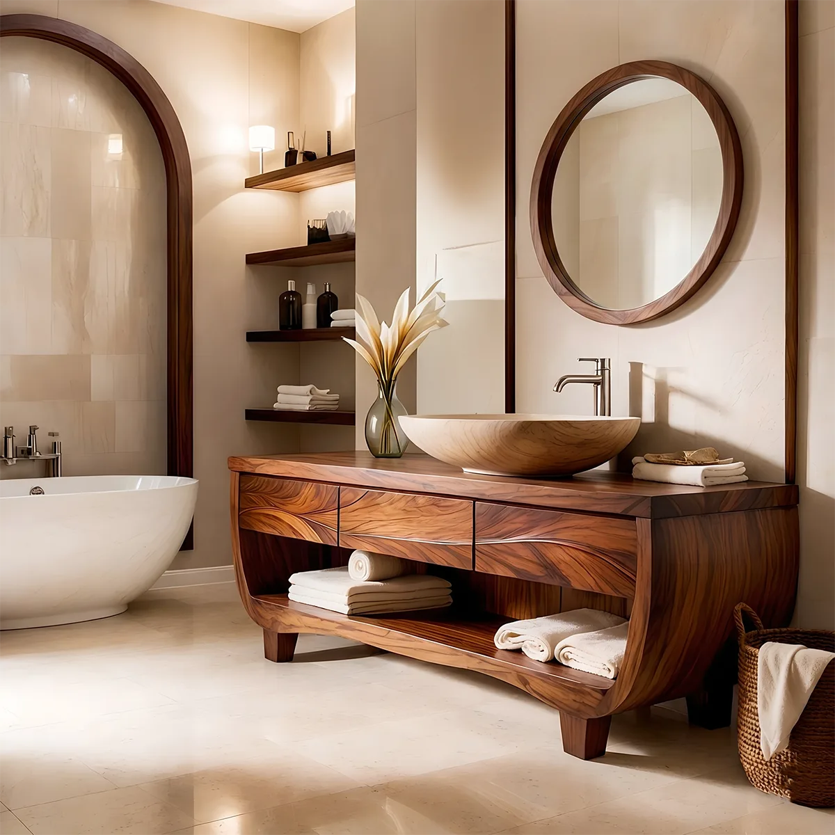 Solid Wood Double Sink Bathroom Vanity | Curved Bathroom Vanity Cabinet with Open Shelf & Drawers HG021-2095