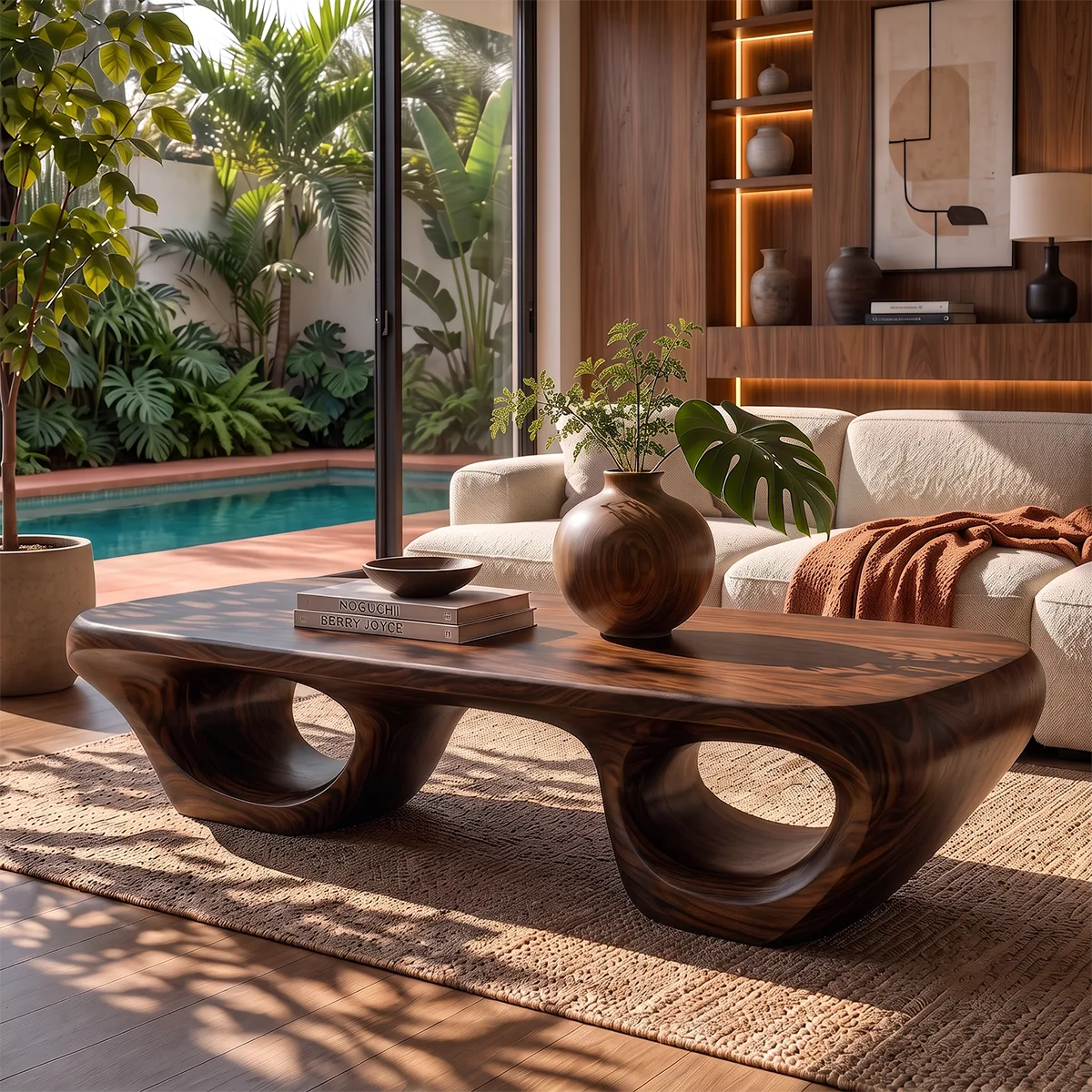Sculptural Wood Coffee Table with Hollow Loop Base | Organic Modern Rectangular Center Table HG021-2FVS9KF