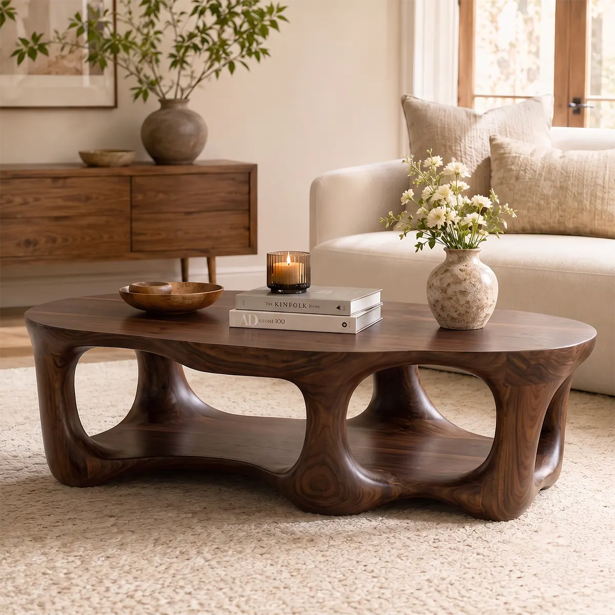 Sculptural Organic Coffee Table with Open Lower Shelf | Modern Living Room Center Table TT006-3VXG8WB