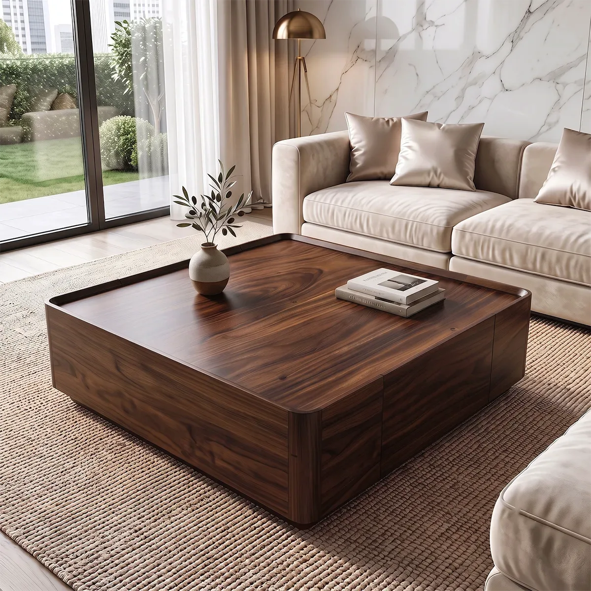 Square Coffee Table with Hidden Storage Drawer | Modern Low Profile Center Table HG021-5UQU1VD