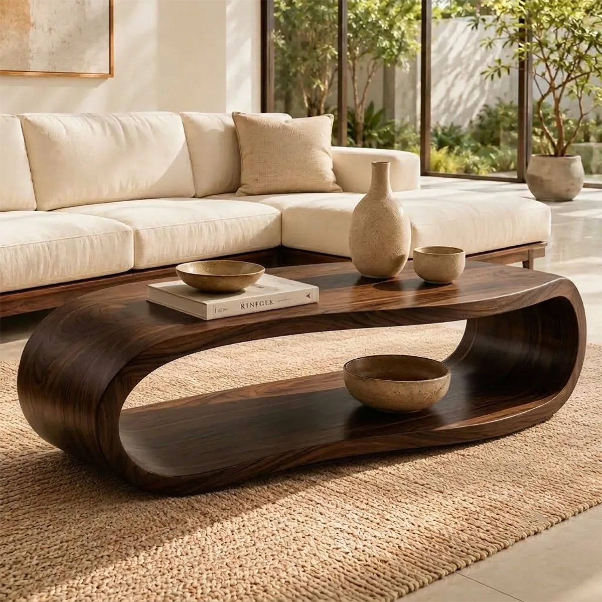 Sculptural Rounded Coffee Table with Open Lower Shelf | Organic Modern Living Room Table TT006-5HHT2PZ