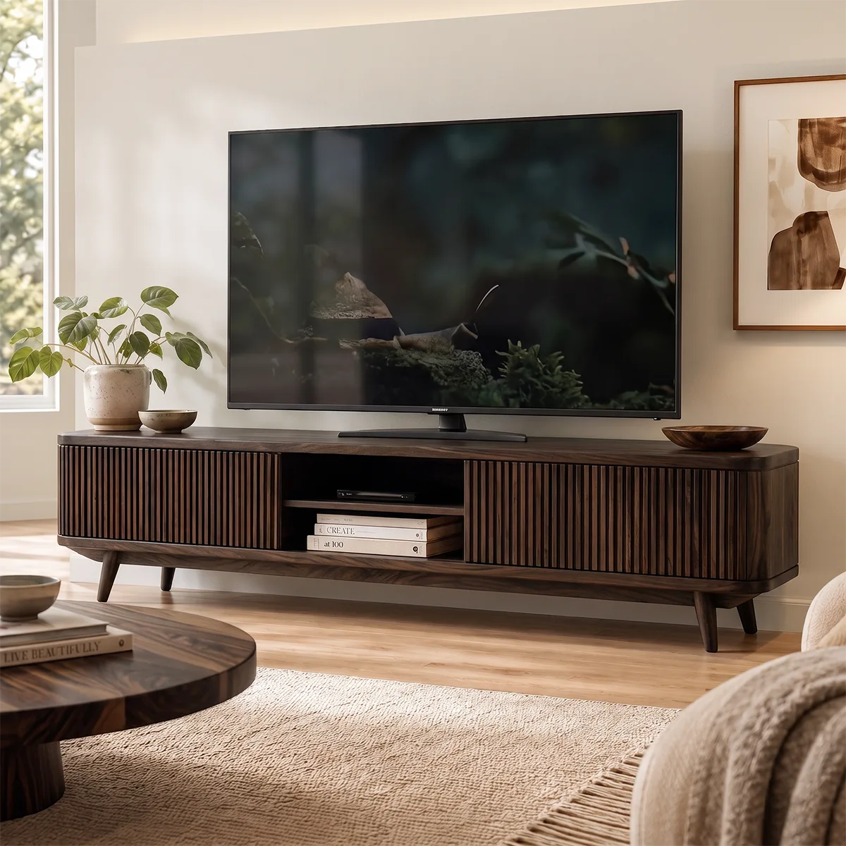 Fluted Wood TV Stand with Open Shelves | Modern Media Console HG021-8DUV7FV