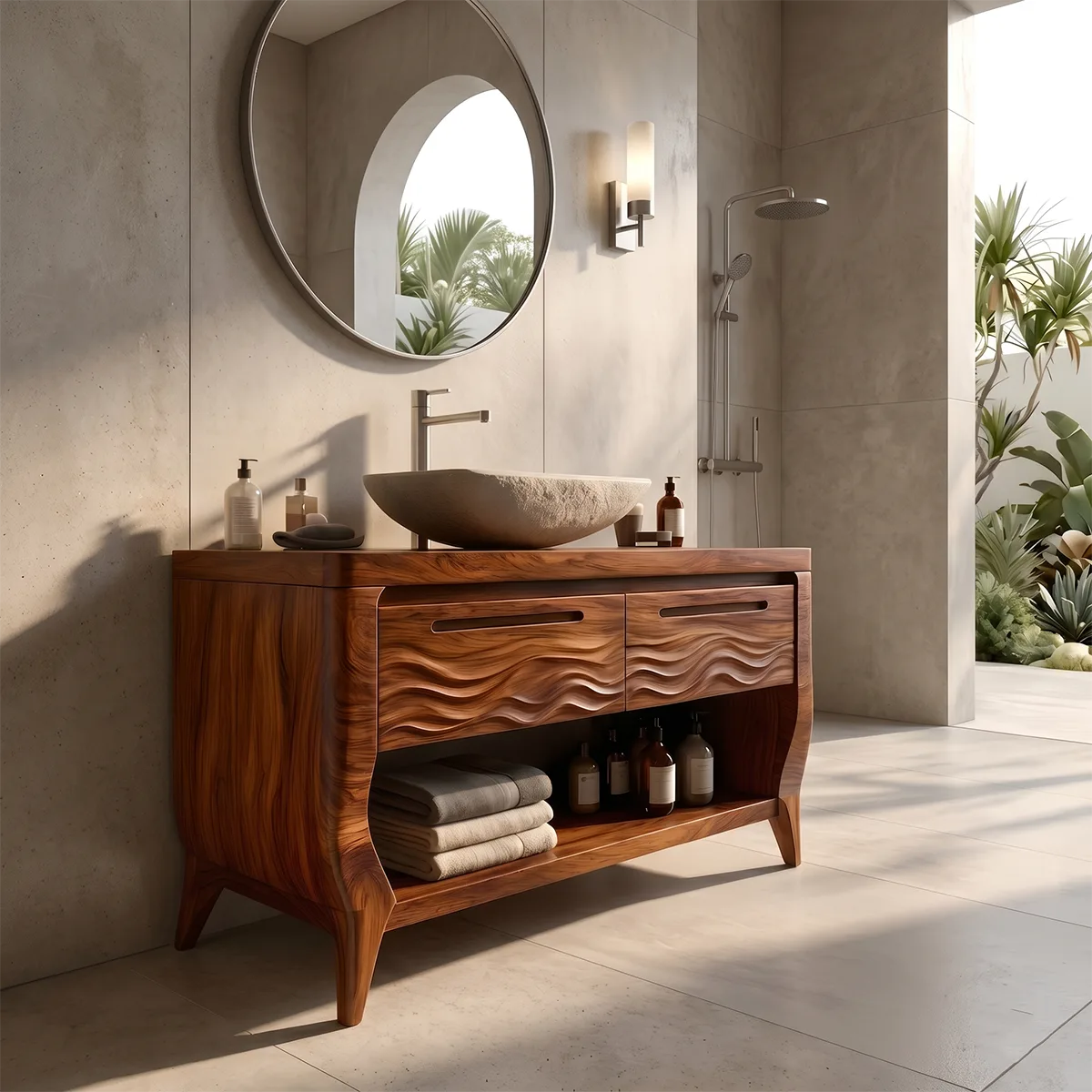 Solid Wood Bathroom Vanity with Open Shelf | Wave Carved Double Drawer Bathroom Vanity Cabinet HG021-3694