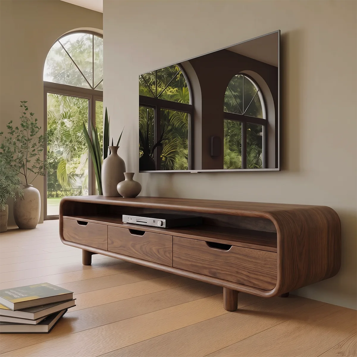 Rounded Wood TV Stand with 3 Drawers | Modern Media Console HG021-6RPM7IQ