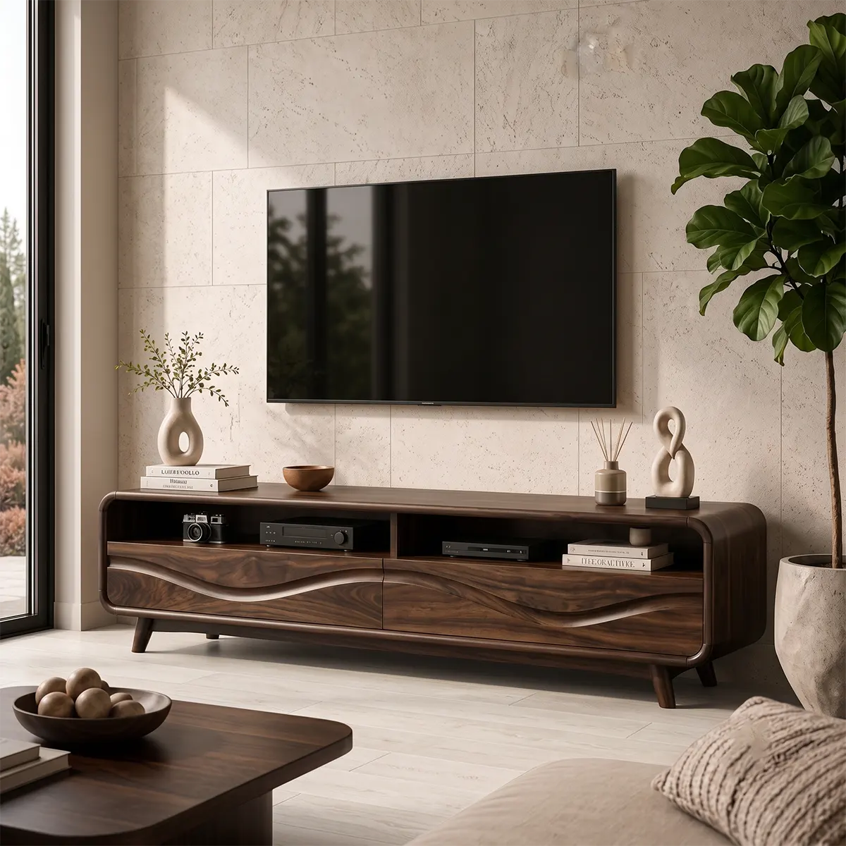 Modern TV Stand with 2 Open Shelves & Enclosed Storage | Sculptural Curved Media Console TT006-5OJR9XY
