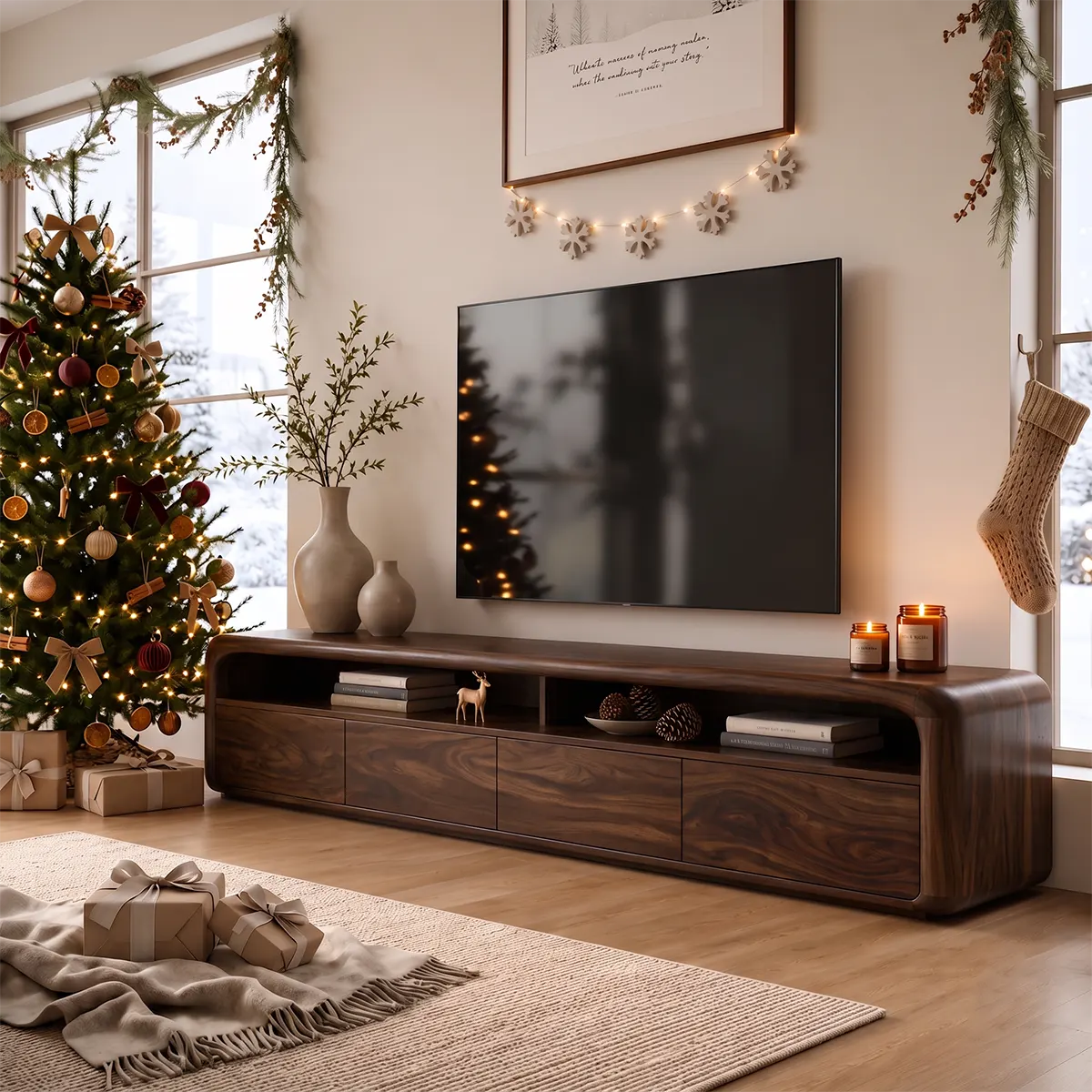 Modern Curved TV Stand with 4 Enclosed Storage Compartments & Open Shelves TT006-5AFF2JH