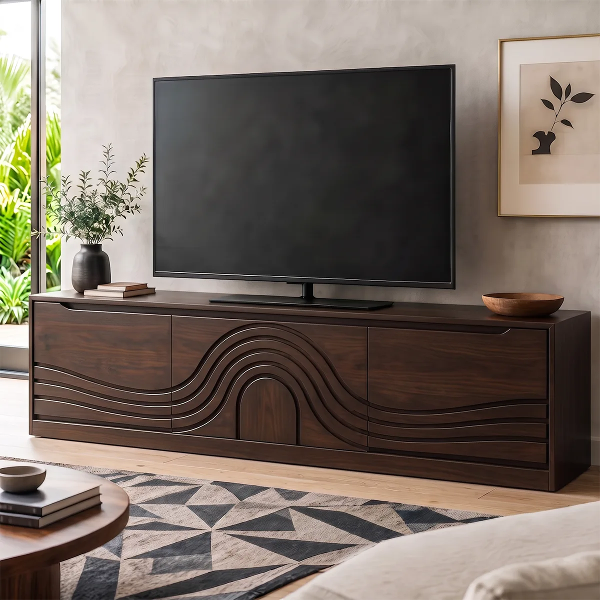 Wave Carved Wood TV Stand | Modern Low Profile Media Console HG021-2WFD3JN