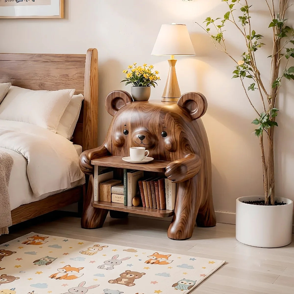 Whimsical Solid Wood Bear Side Table with Bookshelf for Kids’ Rooms & Cozy Homes HG021-4308