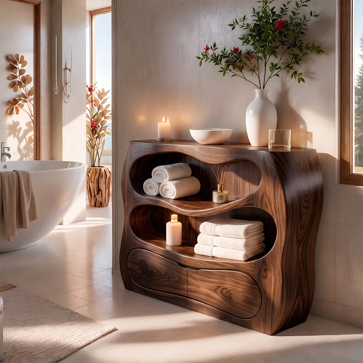 Sculptural Wood Bathroom Vanity | Organic Freestanding Vanity with Open Shelves & Storage Cabinet TT006-6NGL3LR