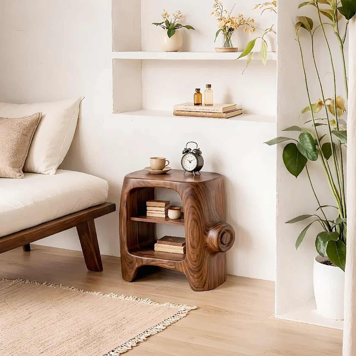 Sculptural Solid Wood Side Table for Cozy Living Rooms, Bedrooms & Minimalist Homes HG021-7055