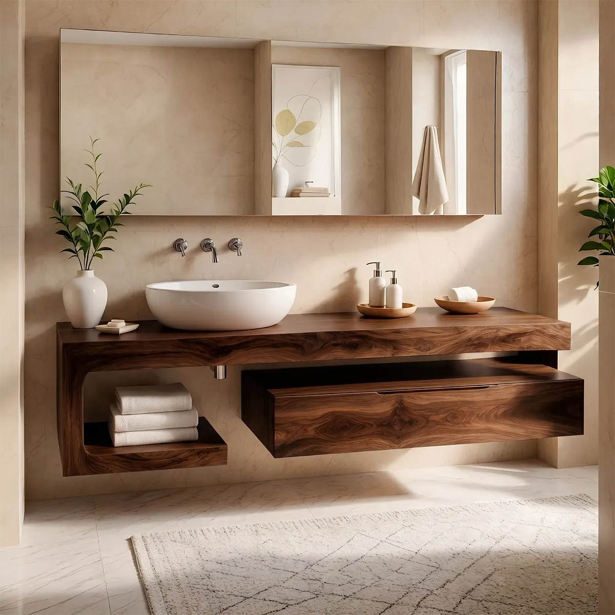Floating Bathroom Vanity with Drawer & Open Shelf | Modern Curved Wall-Mounted Design TT006-2ZDO7SU