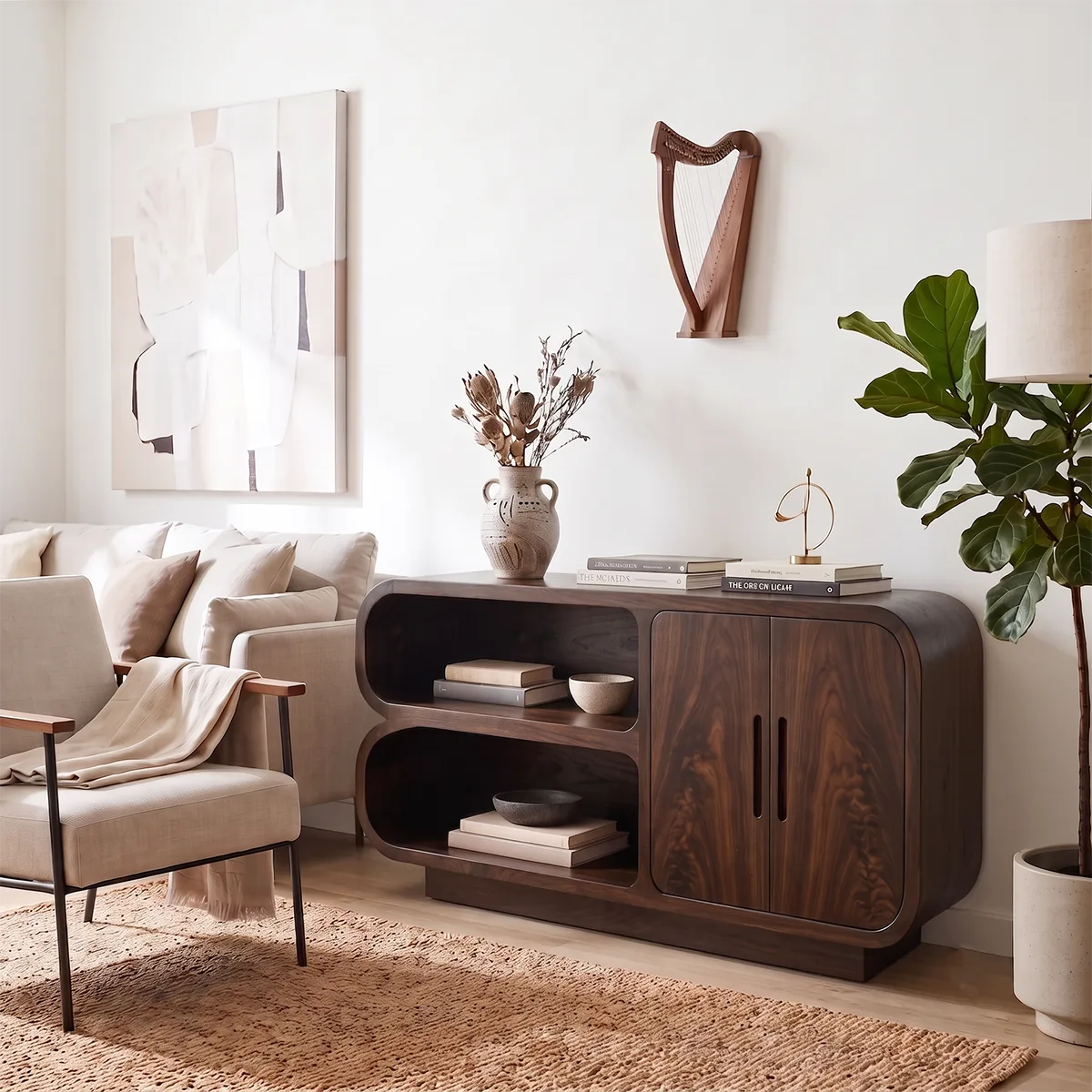 Modern Sideboard with 2 Open Shelves and 2 Cabinet Doors | Rounded Storage Cabinet HG021-6RWO4UC