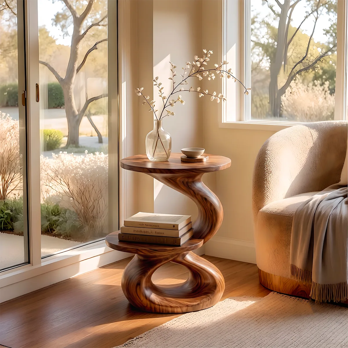 Modern Sculptural Round End Table with Display Shelf | Contemporary Accent Side Table HG021-8NBN5EM
