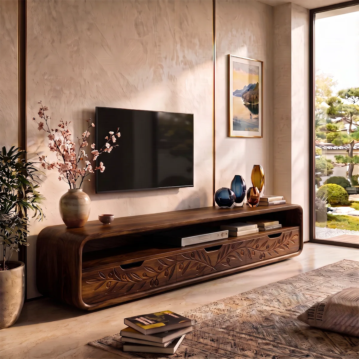 Botanical Carved Wood TV Stand with Storage | Elegant Media Console HG021-5BGB8ID