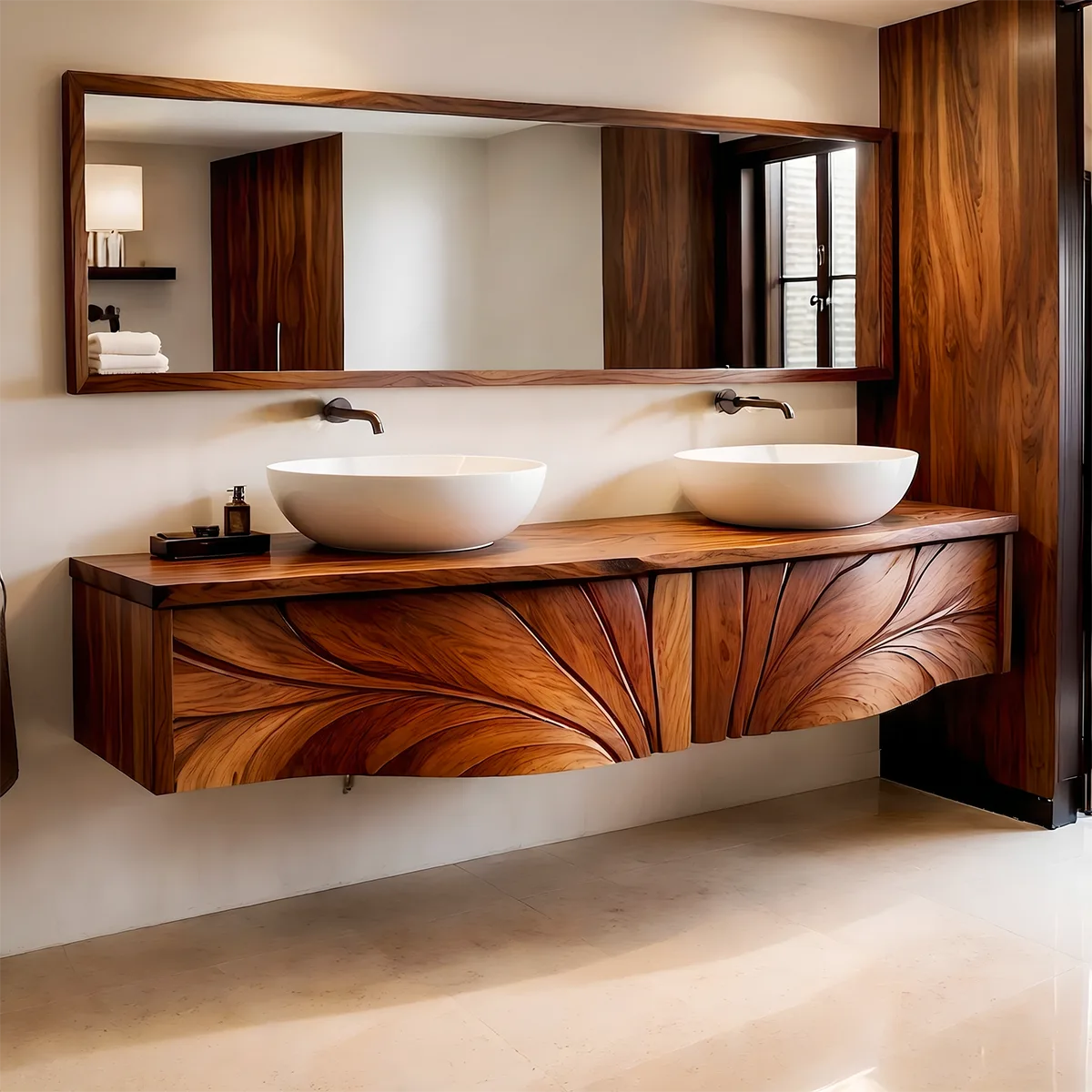 Luxury Double Sink Floating Bathroom Vanity with Sculptural Carved Design HG021-2639