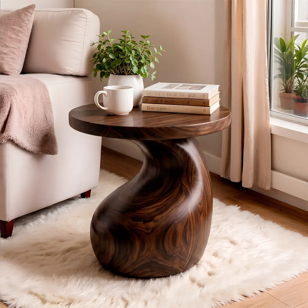Sculptural S-Curve Wood End Table | Round Organic Pedestal Side Table TT006-2YGL2AE
