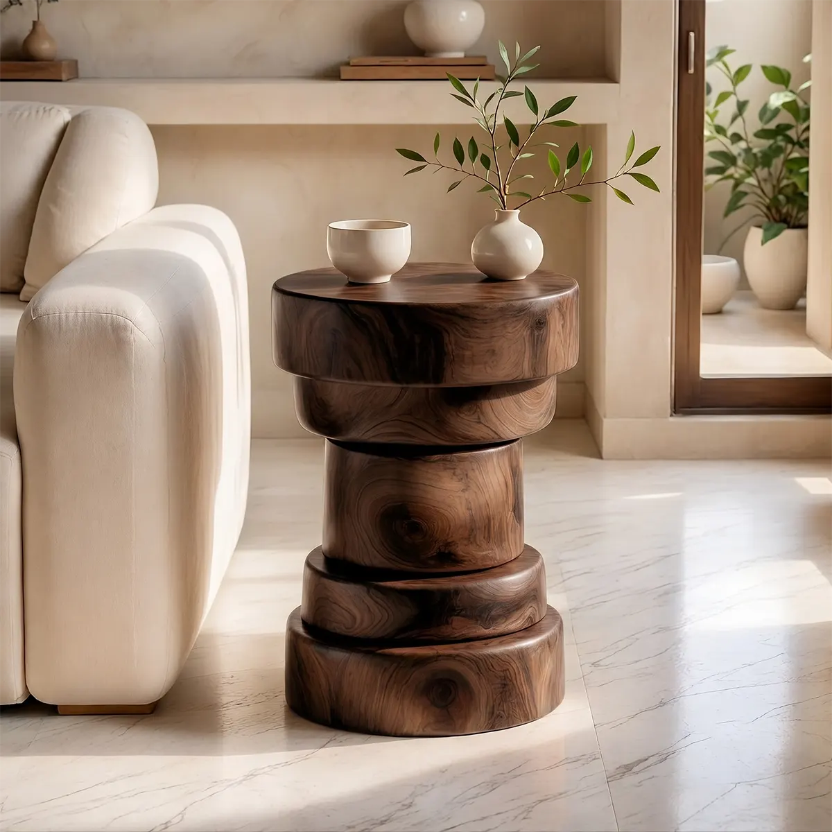 Sculptural Stacked Drum Wood End Table | Round Pedestal Side Table TT006-3TKS6LF