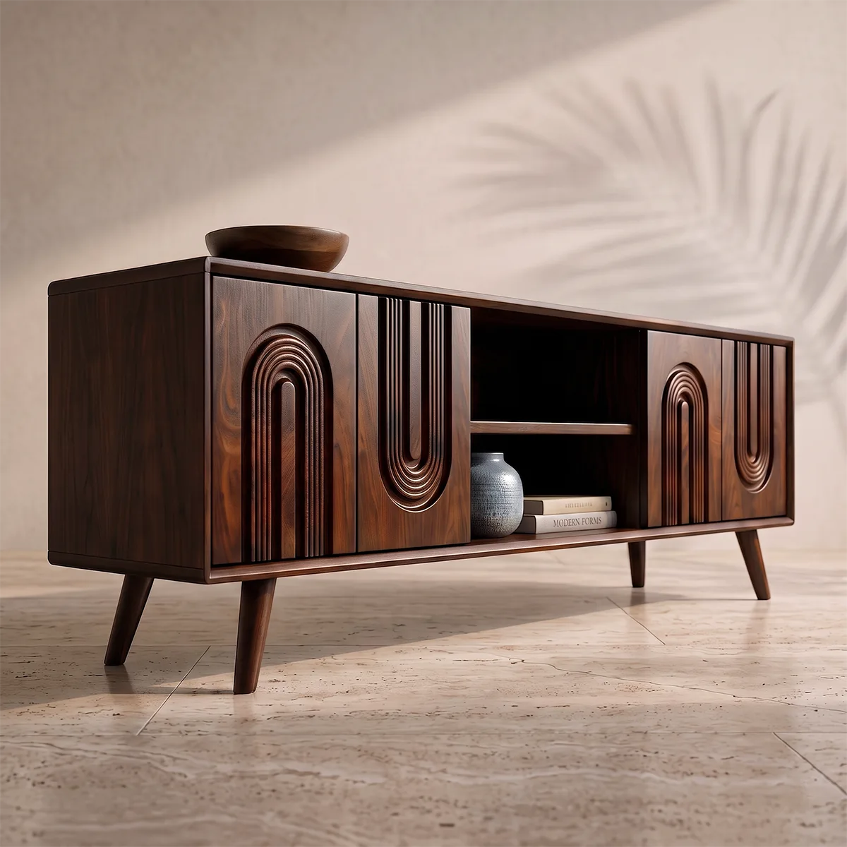 Fluted Arch Wood TV Stand with Open Shelves | Scultural Media Console HG021-8ITG9SJ