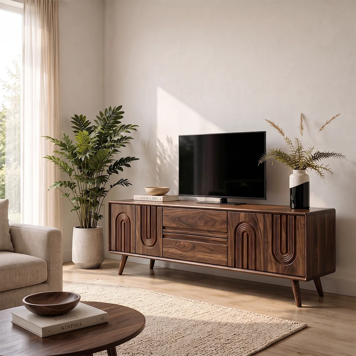 Fluted Arch Wood TV Stand with Drawers & Cabinets | Mid-Century Media Console HG021-6ZXL7DZ