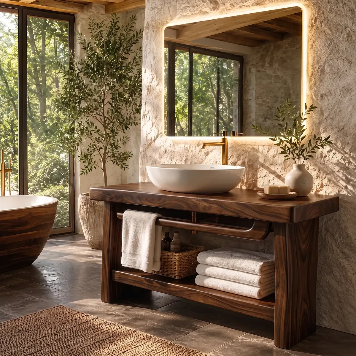 Freestanding Bathroom Vanity with Open Shelf & Towel Bar | Organic Modern Design TT006-4KEH4XG