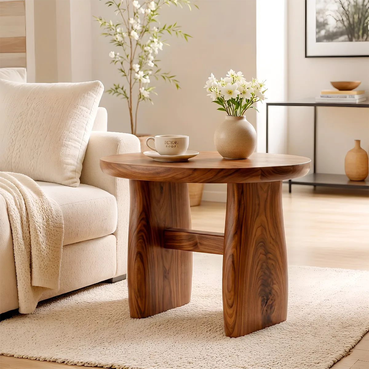 Modern Round End Table | Sculptural Dual-Pedestal Side Table HG021-7122