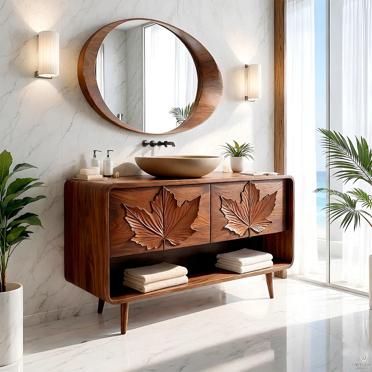 Japanese Inspired Leaf Carved Bathroom Vanity Cabinet HG021-6349