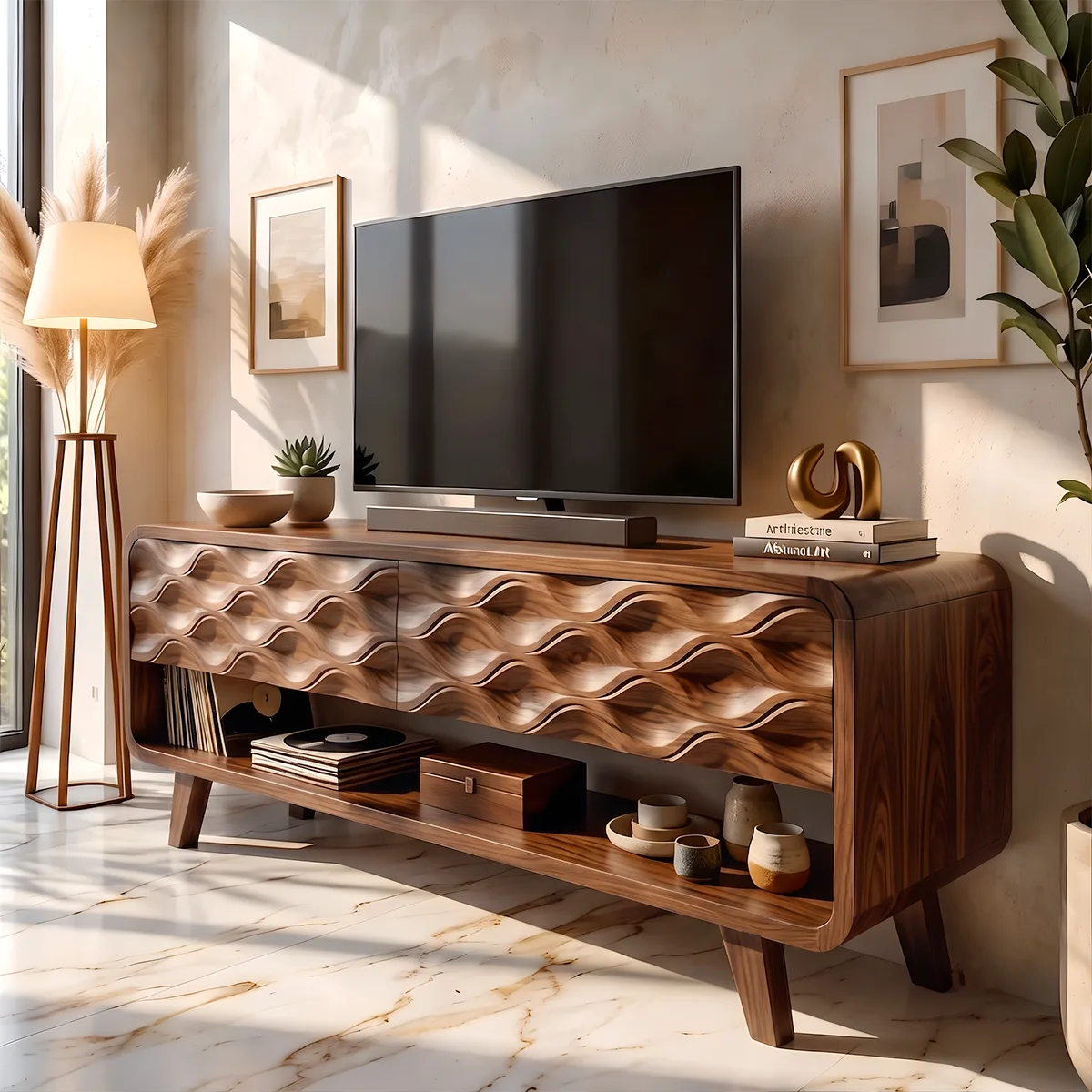 Modern TV Stand with Wave Front Doors | Contemporary Media Console with Open Storage HG021-4RXJ3SK