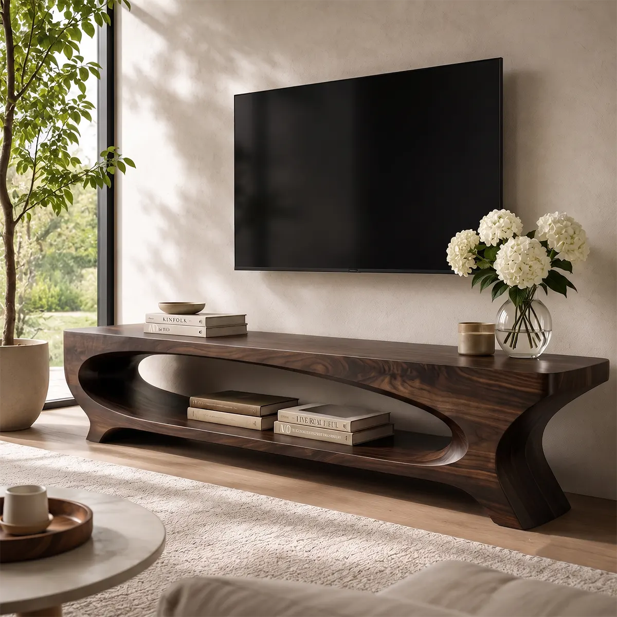 Sculptural Curved TV Stand with Large Open Shelf | Modern Low Profile Media Console TT006-7JCI6KI