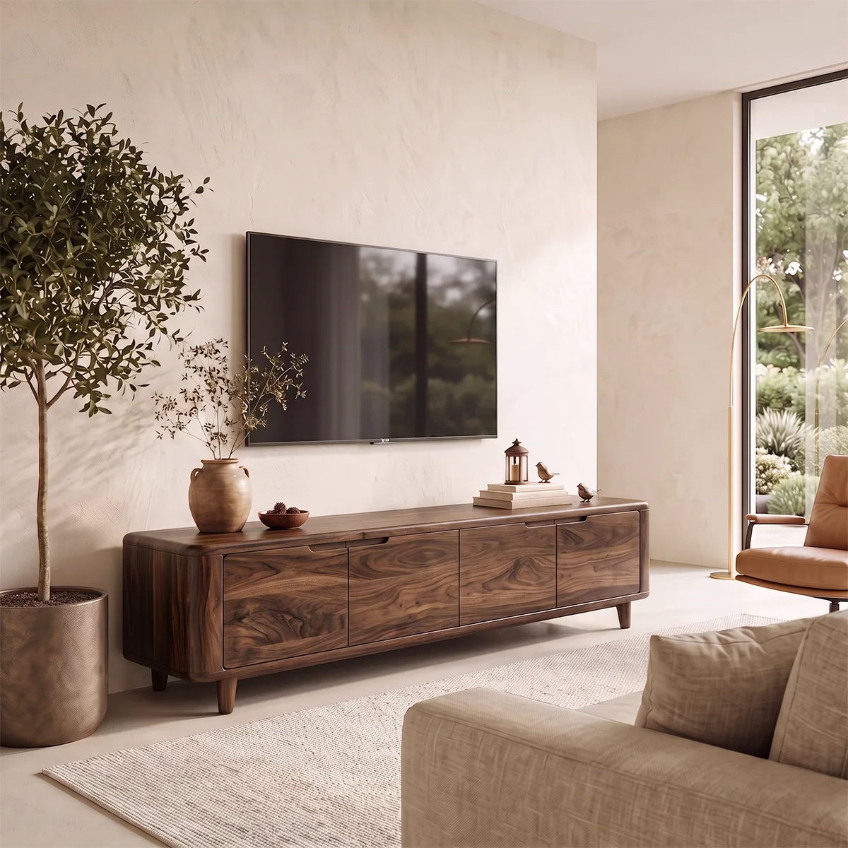 Rounded Wood TV Stand with 4 Doors | Modern Media Console HG021-9PZP1HK